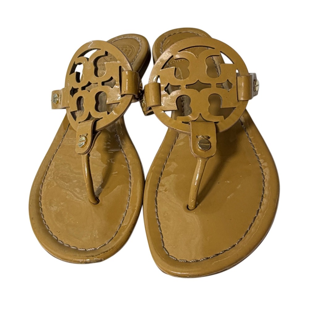 Tory Burch Miller Sandals Tan Patent Leather Womens Sz 8.5 Made In Brazil As Is